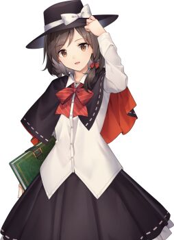1girl artist_request black_capelet black_hat black_skirt book bow bowtie brown_hair capelet collared_shirt frilled_skirt frills game_cg hand_on_headwear hat hat_bow holding holding_book labyrinth_of_touhou_(series) labyrinth_of_touhou_tri long_sleeves looking_at_viewer official_art open_mouth red_bow red_bowtie ribbon-trimmed_skirt ribbon_trim shirt skirt smile solo third-party_source touhou transparent_background usami_renko white_bow white_shirt