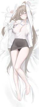 1girl absurdres arms_up bare_legs bare_shoulders barefoot black_panties black_skirt blonde_hair blush breasts camisole collared_shirt double-parted_bangs dress_shirt from_above highres id_card laneigu large_breasts long_hair long_sleeves looking_at_viewer lying mole mole_under_eye narrowed_eyes office_lady on_back open_clothes open_shirt original panties parted_lips pencil_skirt shirt skirt solo strap_slip toes underwear very_long_hair white_shirt yellow_eyes yuzu_(laneigu)