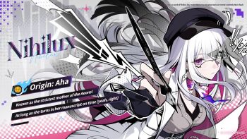1girl black_hat breasts cleavage commentary copyright_notice english_commentary english_text glasses grey_shirt hat highres holding holding_pen honkai:_star_rail honkai_(series) jacket jewelry long_hair looking_at_viewer mask medium_breasts necklace nihilux_(honkai:_star_rail) official_art pen purple_eyes shirt solo upper_body very_long_hair white_hair white_jacket