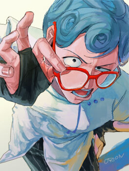 1boy adjusting_eyewear artist_name black_bridal_gauntlets black_eyes black_pants blue_hair bridal_gauntlets coat commentary_request curly_hair fingernails ghiaccio glasses gloves hand_on_own_hip highres jojo_no_kimyou_na_bouken long_sleeves looking_at_viewer male_focus open_mouth orion_on_rio pants red-framed_eyewear short_hair simple_background solo striped_clothes striped_pants teeth vento_aureo vertical-striped_clothes vertical-striped_pants white_background white_coat