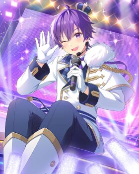 1boy ahoge black_pants crown gloves hand_up headset highres holding holding_microphone idol long_sleeves looking_at_viewer microphone mini_crown nanamori_(stpri) official_art one_eye_closed open_mouth pants purple_eyes purple_hair short_hair sitting solo sparkle stage stage_lights strawberry_prince teeth upper_teeth_only white_gloves