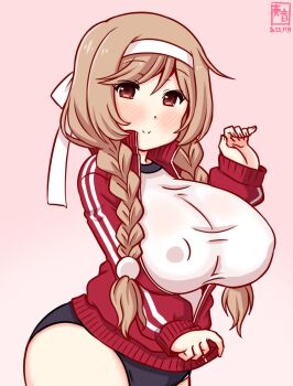 1girl blue_buruma blush braid breasts brown_hair buruma cloud_hair_ornament covered_erect_nipples gym_shirt gym_uniform headband jacket kanon_(kurogane_knights) kantai_collection large_breasts long_hair long_sleeves looking_at_viewer minegumo_(kancolle) open_clothes open_jacket red_eyes red_jacket shirt solo track_jacket twin_braids white_shirt
