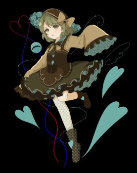 1girl black_boots black_hat black_vest blue_flower blue_rose boots bow buttons commentary_request diamond_button eyeball flower frilled_shirt_collar frilled_skirt frilled_sleeves frills green_eyes green_hair green_skirt hat hat_bow hat_ribbon heart heart_of_string highres komeiji_koishi mepibow2 ribbon rose shirt skirt sleeves_past_wrists third_eye touhou vest yellow_bow yellow_ribbon yellow_shirt