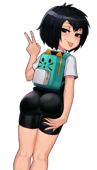 1girl 2023 absurdres ahoge ass ass_focus backpack bag bike_shorts black_hair black_vest blush brown_eyes commission commissioner_upload eyebrows eyelashes feet_out_of_frame female_focus fingernails from_behind grabbing_own_ass hair_between_eyes highres loli loodncrood looking_back marvel peni_parker shirt short_hair smile smug solo spider-man:_into_the_spider-verse spider-man_(series) spider-verse thighs tongue tongue_out v vest white_shirt