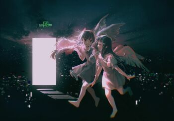 2girls black_dress black_eyes black_hair braid chinese_commentary closed_mouth commentary_request dress exit_sign feathered_wings frilled_sleeves frills hand_on_another's_arm hanmaodou47529 highres long_hair multiple_girls night open_mouth original outdoors pointing puffy_short_sleeves puffy_sleeves short_sleeves sky sleeveless sleeveless_dress smile star_(sky) starry_sky twin_braids walking white_dress white_wings wings