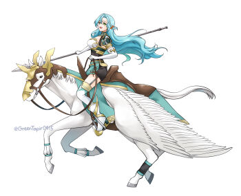 1girl 1other aqua_hair armor bow braid breastplate breasts chloe_(fire_emblem) cleavage fire_emblem fire_emblem_engage gloves green_eyes highres large_breasts long_hair looking_at_viewer midori_no_baku nintendo orange_bow shoulder_armor side_braid smile white_gloves