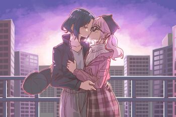 2girls anjuro_zeeku black_hat blue_hair blue_jacket brown_skirt commentary english_commentary girls_band_cry glasses grey_shirt grey_sweater hat hina_(girls_band_cry) jacket kiss medium_hair multiple_girls nana_(girls_band_cry) pink_hair pink_jacket shirt short_hair skirt sweater yuri