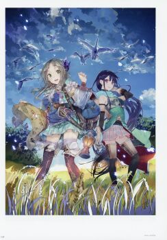 2girls absurdres armlet armor arrow_(projectile) atelier_(series) atelier_firis bag bird black_hair boots dagger firis_mistlud garter_straps gloves green_eyes gust hair_ornament highres holding huge_filesize jewelry knife lantern liane_mistlud light_brown_hair long_hair map multiple_girls noco_(adamas) outdoors plaid_clothes plaid_skirt pleated_skirt quiver scan shoulder_bag siblings sisters skirt smile standing thigh_boots thighhighs very_long_hair weapon yuugen