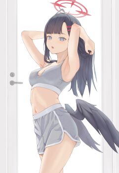 1girl absurdres alternate_costume armpits arms_up black_hair black_wings blue_archive breasts casual commentary cowboy_shot dolphin_shorts door grey_eyes grey_shorts grey_sports_bra hair_ornament hairclip halo highres ichika_(blue_archive) long_hair looking_at_viewer low_wings medium_breasts midriff navel open_mouth parallel_hairclips red_halo short_shorts shorts solo sports_bra standing vulphree wings