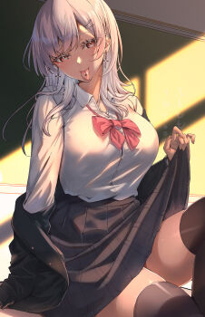 absurdres black_jacket black_skirt blush breasts chalkboard classroom collared_shirt commentary_request cross cross_earrings dark_skin earrings grey_hair hair_between_eyes highres jacket jewelry kaerunoashi knee_up long_hair long_sleeves looking_at_viewer medium_breasts original piercing pleated_skirt red_eyes shirt sidelocks sitting skirt tan thigh_focus thighhighs thighs tongue tongue_out tongue_piercing white_shirt