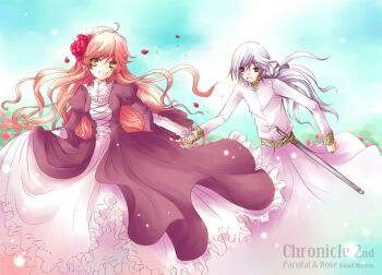 Rule 34 | 1boy, 1girl, bad id, bad pixiv id, blue eyes, chronicle 2nd, dress, flower, hetero, holding hands, long hair, muu, parsifal (chronicle 2nd), petals, puffy sleeves, red hair, rose guine avalon, sky, sound horizon, sword, victorian, weapon, white hair, yellow eyes