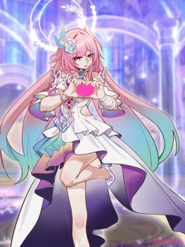 1girl absurdres aqua_hair bare_shoulders breasts commentary_request cyrene_(honkai:_star_rail) cyrene_(ripples_of_past_reverie)_(honkai:_star_rail) flower four-finger_heart_hands hair_flower hair_ornament halo heart heart_hands high_heels highres honkai:_star_rail honkai_(series) large_breasts long_hair multicolored_hair pink_hair purple_eyes solo standing standing_on_one_leg tiancai_a_song two-tone_hair very_long_hair