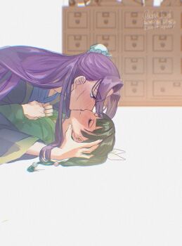 1boy 1girl beads blue_robe blunt_bangs blush bun_cover chii_(chi_hrd) closed_eyes commentary_request couple facial_scar green_hair green_shirt hair_beads hair_bun hair_ornament hair_ribbon half_updo hand_in_another&#039;s_hair hands_on_own_chest hetero highres jinshi_(kusuriya_no_hitorigoto) kiss kusuriya_no_hitorigoto long_hair looking_at_another maomao_(kusuriya_no_hitorigoto) on_floor parted_bangs purple_hair ribbon robe scar scar_on_cheek scar_on_face shirt twitter_username upper_body white_ribbon