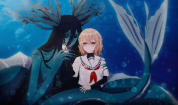 2girls air_bubble brown_eyes brown_hair bubble closed_mouth commentary_request long_hair long_sleeves mermaid monster_girl moxuebaichen1 multiple_girls neckerchief oumi_shiori red_neckerchief sailor_collar short_hair short_sleeves undershirt underwater watashi_wo_tabetai_hitodenashi white_sailor_collar yaotose_hinako yuri