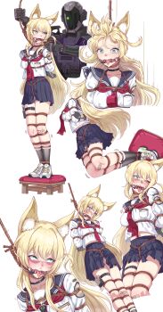 1girl absurdres animal_ears arms_behind_back asphyxiation bandaid bandaid_on_leg bdsm black_gloves black_socks blonde_hair blue_archive blue_sailor_collar blue_skirt bondage bound breasts crotch_rope death drooling execution fox_ears gag gloves green_eyes hair_between_eyes hanged highres kurumi_(blue_archive) leveen long_hair long_sleeves looking_at_viewer medium_breasts multiple_views neckerchief noose one_side_up pouch red_neckerchief sailor_collar school_uniform serafuku shibari shibari_over_clothes simple_background sketch skindentation skirt socks suspension tongue tongue_out