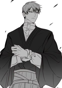 1boy buttons closed_mouth commentary_request cowboy_shot greyscale hair_between_eyes hand_on_own_wrist highres japanese_clothes jujutsu_kaisen looking_to_the_side male_focus monochrome short_hair simple_background solo white_background xingkon818 zen&#039;in_naoya