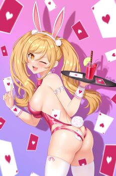 1girl :d ;d absurdres ace_(playing_card) ace_of_hearts animal_ears ass ass_cutout azur_lane back backless_leotard bare_shoulders blonde_hair blush breasts butt_crack card clothing_cutout cocktail earrings fake_animal_ears from_behind hands_up heart heart_earrings highres holding holding_tray jewelry leonardo_da_vinci_(azur_lane) leotard long_hair looking_at_viewer looking_back medium_breasts nights_viper one_eye_closed open_mouth orange_eyes pink_leotard playing_card rabbit_ears rabbit_tail sideboob skindentation smile solo standing tail thighhighs thighs tray twintails very_long_hair yellow_eyes