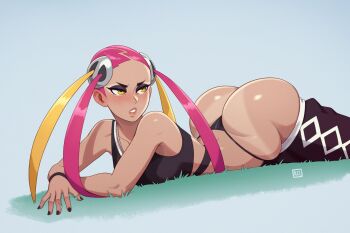 1girl absurdres ass bad_id bad_twitter_id black_panties black_pants blonde_hair crop_top dark-skinned_female dark_skin eyeshadow g-string grass gyaru gyaru_makeup highres huge_ass kogal lying makeup multicolored_hair nintendo on_stomach panties pants pink_hair plumeria_(pokemon) pokemon pokemon_sm quad_tails riz solo tan tank_top tanline team_skull thong two-tone_hair underwear yellow_eyes