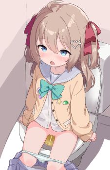 1girl absurdres blue_eyes blue_panties bow bowtie brown_cardigan brown_hair cardigan cleft_of_venus clothes_pull commission green_bow green_bowtie grey_sailor_collar hair_ornament heart heart_hair_ornament highres loli long_hair long_sleeves miniskirt neuro-sama on_toilet open_mouth panties panty_pull pawrorikon pee peeing pixiv_commission pleated_skirt puffy_long_sleeves puffy_sleeves purple_skirt pussy red_ribbon ribbon sailor_collar school_uniform serafuku shirt sitting skirt skirt_pull sleeves_past_wrists solo striped_clothes striped_panties toilet toilet_use two_side_up uncensored underwear vedal_ai virtual_youtuber white_shirt