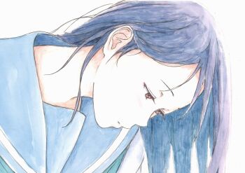 Rule 34 | 1girl, absurdres, bbmasa, blue background, blue hair, blue sailor collar, closed mouth, from side, gradient background, hibike! euphonium, highres, kitauji high school uniform, liz to aoi tori, long hair, looking down, profile, red eyes, sailor collar, school uniform, solo, summer uniform, traditional media, yoroizuka mizore