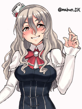 1girl bodice breasts brown_eyes collared_shirt dress_shirt drunk frilled_shirt frills grey_hair grin hair_between_eyes hat highres kantai_collection long_hair looking_at_viewer maakun_(makun_dx) medium_breasts mini_hat one-hour_drawing_challenge pola_(kancolle) shirt simple_background smile solo thick_eyebrows tilted_headwear twitter_username wavy_hair white_background white_shirt