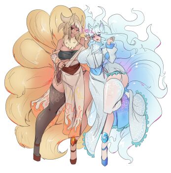 2girls alolan_form alolan_ninetales animal_ears blonde_hair breasts commentary dark-skinned_female dark_skin english_commentary fox_ears fox_girl full_body gen_1_pokemon gen_7_pokemon greenm grey_hair heart highres holding_hands huge_breasts japanese_clothes kimono looking_at_viewer multiple_girls multiple_tails ninetales nintendo personification pokemon side_slit tail thick_thighs thighs