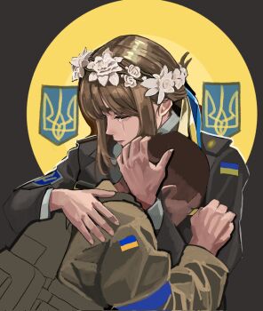 Rule 34 | 1boy, 1girl, border, brown hair, crying, flower wreath, hair ribbon, highres, hug, military, military combat uniform, military dress uniform, military uniform, original, ptsd, ribbon, round border, russo-ukrainian war, short hair, soldier, ukraine, ukrainian flag, ukrainian ground forces, very short hair, wani (perfect han)