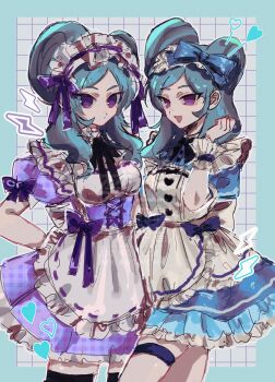 Rule 34 | 1girl, absurdres, alternate costume, apron, aqua hair, beta (inazuma eleven), black bow, black thighhighs, blue border, blue bow, blue dress, border, bow, breasts, commentary, double bun, dress, dual persona, formal clothes, frilled apron, frills, hair bun, heart, highres, holding apron, inazuma eleven (series), inazuma eleven go, inazuma eleven go chrono stone, kijibato0519, lightning bolt symbol, maid, maid apron, maid headdress, medium breasts, no pupils, purple bow, purple dress, purple eyes, smile, suit, thigh strap, thighhighs