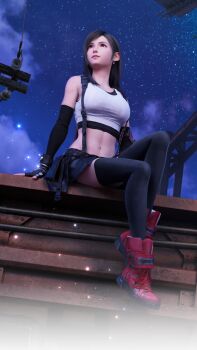 1girl 3d arm_support bare_shoulders black_gloves black_hair black_skirt black_sports_bra black_thighhighs boots breasts closed_mouth cloud cloudy_sky crop_top earrings elbow_gloves final_fantasy final_fantasy_vii final_fantasy_vii_rebirth final_fantasy_vii_remake fingerless_gloves full_body gloves jewelry knee_up large_breasts light_particles long_hair looking_up midriff miniskirt navel night official_art official_wallpaper outdoors red_boots red_eyes single_earring single_sidelock sitting skirt sky solo sports_bra square_enix star_(sky) starry_sky steel_beam suspender_skirt suspenders swept_bangs tank_top teardrop_earrings thighhighs tifa_lockhart utility_pole white_tank_top