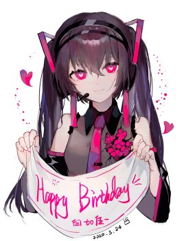 1girl alternate_color alternate_eye_color alternate_hair_color banner black_sleeves bright_pupils brown_hair brown_shirt chinese_commentary chinese_text closed_mouth collared_shirt commentary_request detached_sleeves english_text happy_birthday hatsune_miku heart heart-shaped_pupils highres holding_banner long_hair looking_at_viewer mixed-language_text necktie pink_eyes pink_necktie pink_trim shirt simple_background sleeveless sleeveless_shirt smile solo symbol-shaped_pupils tie_clip translation_request vihua6 vocaloid white_background white_pupils