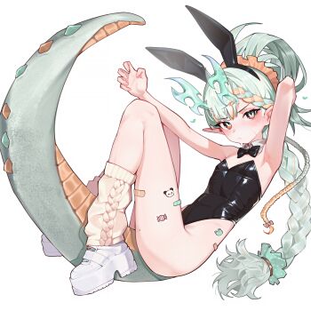 1girl absurdres animal_ears anomarasu aqua_hair black_leotard blush braid commentary diamond-shaped_pupils diamond_(shape) dragon_girl dragon_horns dragon_tail fake_animal_ears flat_chest full_body green_eyes highres horns leotard long_braid long_hair looking_at_viewer loose_socks multicolored_eyes multicolored_hair orange_eyes orange_hair original platform_shoes playboy_bunny rabbit_ears simple_background socks solo symbol-only_commentary symbol-shaped_pupils tail two-tone_eyes two-tone_hair white_background