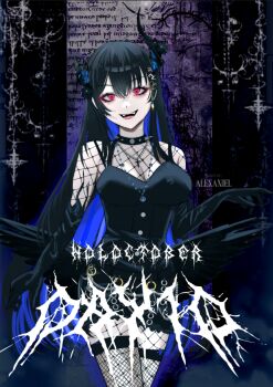 Rule 34 | 1girl, alexaniel, artist name, asymmetrical horns, black gloves, black hair, black horns, black shirt, black skirt, blue hair, breasts, cleavage, colored inner hair, elbow gloves, fishnet pantyhose, fishnet thighhighs, fishnet top, fishnets, gloves, hololive, hololive english, horns, large breasts, multicolored hair, nerissa ravencroft, open mouth, pantyhose, red eyes, shirt, skirt, solo, thighhighs, virtual youtuber