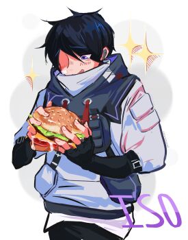 absurdres armlet armor black_hair black_pants burger english_text fingerless_gloves food gloves highres holding holding_burger holding_food iso_(valorant) jacket jewelry multicolored_jacket pants purple_eyes sparkle sparkling_eyes tongue tongue_out urennnii valorant