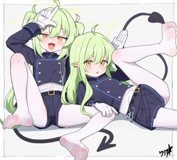 2girls absurdres ahoge armband belt black_shorts black_tail blue_archive blue_armband blue_jacket blue_shorts blue_skirt blush boppin border demon_tail earrings fang feet gloves green_hair green_halo grey_background hair_between_eyes halo hand_on_another's_leg hand_up highres hikari_(blue_archive) jacket jewelry legs loli long_hair long_sleeves looking_at_viewer loser_gesture lying multiple_girls no_shoes nozomi_(blue_archive) open_mouth outside_border pantyhose pointy_ears rabbit_pose shirt short_eyebrows shorts siblings sidelocks signature simple_background sisters sitting skin_fang skirt soles tail toes train_conductor twins twintails white_border white_gloves white_pantyhose white_shirt yellow_eyes