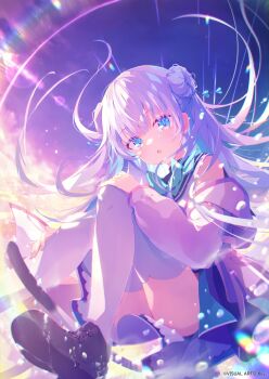 1girl :o absurdres anemoi aqua_bow aqua_bowtie black_shoes blue_eyes blue_sky blush bow bowtie cloud commentary_request copyright_notice day dennryuurai double_bun eyes_visible_through_hair floating_hair hair_between_eyes hair_bun hand_on_own_knee highres jacket knees_together_feet_apart long_hair long_sleeves looking_at_viewer open_clothes open_jacket open_mouth outdoors second-party_source shoes sidelocks single_bare_shoulder sitting sky solo star_(symbol) star_in_eye symbol_in_eye thighhighs thighs tsujikura_spica very_long_hair white_hair white_jacket white_thighhighs