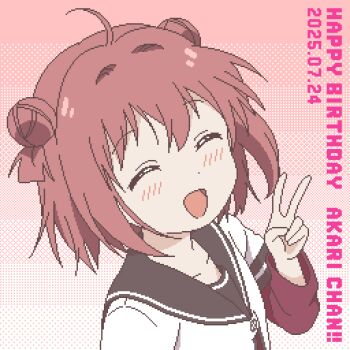 1girl ^_^ ahoge akaza_akari blush brown_sailor_collar closed_eyes commentary_request dated double_bun dress hair_bun happy_birthday highres layered_sleeves long_sleeves nanamori_school_uniform open_mouth pixel_art portrait purple_eyes red_dress red_hair sailor_collar sailor_shirt school_uniform shirt short_hair short_over_long_sleeves short_sleeves simple_background smile solo twintails two_side_up upper_body v white_shirt yuru_kaze yuruyuri