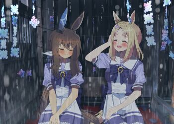 2girls ^_^ admire_vega_(umamusume) amane_hikari animal_ears blonde_hair blush bow bowtie brown_hair closed_eyes closed_mouth commentary_request ear_covers ear_ornament hair_bow hair_ornament hand_in_overalls highres horse_ears horse_girl horse_tail long_hair multiple_girls narita_top_road_(umamusume) open_mouth puffy_short_sleeves puffy_sleeves purple_bow purple_bowtie purple_skirt sailor_collar sailor_shirt school_uniform shirt short_sleeves single_ear_cover sitting skirt summer_uniform tail tracen_school_uniform umamusume white_bow white_sailor_collar white_skirt