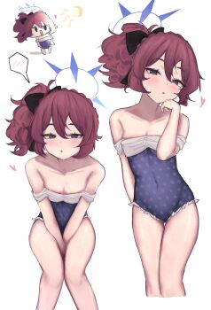 1girl :o absurdres ahiru_(ahahahahiru) bare_shoulders between_legs black_bow blue_archive blue_halo blue_one-piece_swimsuit blush bow breasts casual_one-piece_swimsuit chibi chibi_inset cleavage clothes_pull collarbone covered_navel cropped_legs feet_out_of_frame frills grey_eyes hair_between_eyes hair_bow halo hand_between_legs heart highres iroha_(blue_archive) loli long_hair looking_at_viewer multiple_views off-shoulder_one-piece_swimsuit off_shoulder one-piece_swimsuit open_mouth parted_lips polka_dot polka_dot_swimsuit ponytail red_hair side_ponytail simple_background small_breasts spoken_blush sweat swimsuit thigh_gap white_background