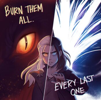 1boy 1girl a_song_of_ice_and_fire blood blood_on_hands blue_eyes brown_hair daenerys_targaryen dragon english_text eren_yeager game_of_thrones highres jacket jinxiko light_frown long_hair long_sleeves looking_at_viewer orange_eyes serious shingeki_no_kyojin shirt tree upper_body