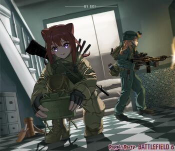 2girls :p absurdres ammunition_pouch artist_name backlighting backpack bag bang_dream! battlefield_(series) battlefield_6 blonde_hair boots brown_bag brown_boots brown_hair bulletproof_vest camouflage camouflage_jacket camouflage_pants checkered_floor claymore_(mine) combat_helmet commentary cone_hair_bun copyright_logo crossover day drawer dutch_angle english_commentary explosive finger_on_trigger fingerless_gloves firing foregrip gloves green_jacket green_pants gun h&amp;k_mg4 hair_bun helmet highres holding holding_gun holding_weapon ichigaya_arisa indoors jacket knee_pads kneeling knife laser_sight light_machine_gun load_bearing_vest logo long_hair long_sleeves machine_gun medium_hair mine_(weapon) mossberg_590 multiple_girls muzzle_flash object_request on_one_knee open_mouth pants pouch purple_eyes rifle sandbag sci_(31134306) scope shadow sidelocks smile stairs suppressor tactical_clothes tongue tongue_out toyama_kasumi twintails weapon window yellow_eyes