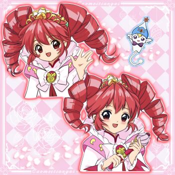 Rule 34 | 1girl, :d, argyle background, arm up, blonde hair, blue hat, blush, blush stickers, border, bow, bowtie, chest bow, clamp (circle) (style), commentary, creature, crest, cropped torso, dress, drill hair, earrings, fairy, fine (futagohime), fine (prominence dress up) (futagohime), flower wand, frilled dress, frilled sleeves, frills, fushigiboshi no futago hime, gem, gold tiara, hair between eyes, hair ornament, hand up, hat, hat ornament, high collar, highres, holding, holding wand, jeweled hat, jewelry, long hair, long sleeves, looking at viewer, magical girl, medallion, mixed-language commentary, multiple views, open mouth, outside border, patterned background, phrygian cap, pink background, pink dress, pointy ears, portrait, pumo (futagohime), purple bow, purple bowtie, purple eyes, rabirami, red eyes, red gemstone, red hair, single blush sticker, smile, star (symbol), star earrings, star hair ornament, sun hat ornament, supportasse, tail, tiara, twin drills, wand, waving, white bow, wide sleeves