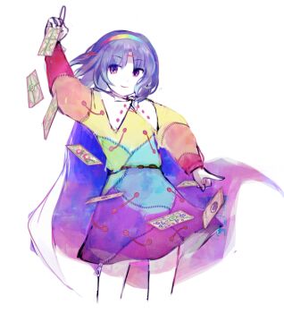 1other androgynous arm_up blue_cape blunt_bangs brown_headband cape closed_mouth cosplay cropped_legs dot_nose dress euthan eye_of_senri floating_card floating_clothes floating_hair hairband happy headband len'en long_sleeves multicolored_dress multicolored_hairband nail_polish other_focus parted_bangs patchwork_clothes pointing pointing_up puffy_long_sleeves puffy_sleeves purple_eyes purple_hair purple_nails rainbow_gradient rainbow_hairband senri_haiji short_dress short_hair simple_background smile solo spell_card standing starry_sky_print tenkyuu_chimata tenkyuu_chimata_(cosplay) thighs touhou two-sided_cape two-sided_fabric white_background white_cape