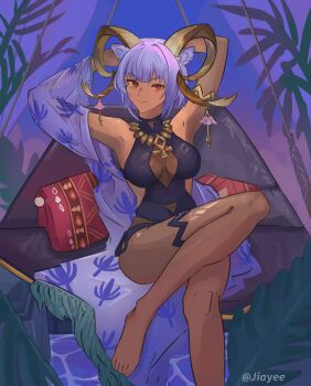 1girl absurdres animal_ears ankh ankh_necklace arknights bare_shoulders black_one-piece_swimsuit breasts carnelian_(arknights) carnelian_(shimmering_dew)_(arknights) casual_one-piece_swimsuit chinese_commentary commentary_request dark-skinned_female dark_skin davidya147 foot_out_of_frame goat_ears goat_girl goat_horns gold_horns grey_hair hammock highres horn_ornament horns jewelry large_breasts legs looking_at_viewer necklace official_alternate_costume one-piece_swimsuit red_eyes short_hair side-tie_swimsuit solo swimsuit thighs