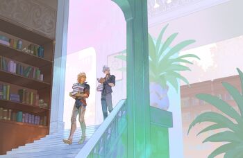 Rule 34 | 2boys, antenna hair, armored boots, black choker, black pants, black shirt, blonde hair, blue eyes, book, book stack, boots, braid, choker, facial tattoo, gradient hair, grey pants, highres, holding, holding book, honkai: star rail, honkai (series), kiraandfriends, library, male focus, medium hair, multicolored hair, multiple boys, mydei (honkai: star rail), neck tattoo, pants, parted bangs, phainon (honkai: star rail), red hair, red tattoo, shirt, short hair, side braid, sleeves rolled up, stairs, sun symbol, sun tattoo, tan, tattoo, thigh strap, white hair, yellow eyes