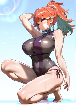 1girl absurdres arm_up armpit_crease barefoot blue_sky breasts cleavage colored_tips covered_navel earrings feather_earrings feathers feet full_body green_hair high_ponytail highres hololive hololive_english jewelry large_breasts lens_flare looking_at_viewer maro2ki3 multicolored_hair nail_polish one-piece_swimsuit orange_hair perfume_(takanashi_kiara) ponytail purple_eyes purple_nails see-through_cleavage see-through_clothes skindentation sky solo squatting sunlight swimsuit takanashi_kiara thighs toenail_polish toenails virtual_youtuber wet