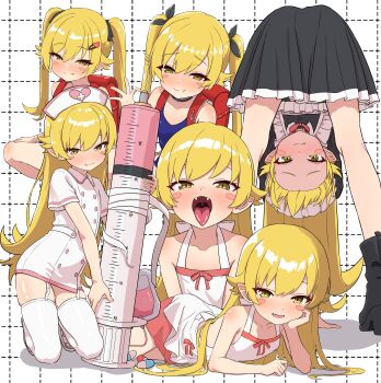 1girl absurdres alternate_costume arm_rest backless_dress backless_outfit backpack bag bare_arms bare_legs bare_shoulders black_boots black_dress blonde_hair blue_one-piece_swimsuit blush blush_stickers boots buttons closed_mouth collarbone collared_dress double-breasted dress enmaided fang fang_out fangs flat_chest frilled_dress frills garter_straps grid_background hair_flaps hair_ornament hairclip halterneck hat head_rest highres holding holding_syringe kneeling large_syringe long_hair looking_at_viewer looking_through_own_legs maid maid_headdress monogatari_(series) multiple_views neck_ribbon nurse nurse_cap one-piece_swimsuit open_mouth oshino_shinobu oversized_object pill pointy_ears randoseru red_bag red_ribbon ribbon shiny_skin short_dress short_sleeves swimsuit syringe thighhighs tongue tongue_out twintails very_long_hair white_background white_dress white_thighhighs yellow_eyes yoshikirino