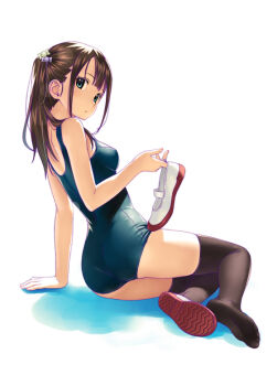 1girl arm_support ass bare_shoulders black_thighhighs blue_one-piece_swimsuit blush brown_hair green_eyes koutaro long_hair looking_at_viewer one-piece_swimsuit one_side_up open_mouth original school_swimsuit shoe_dangle unworn_shoe shoes unworn_shoes single_shoe sitting swimsuit thighhighs thighs uwabaki yokozuwari