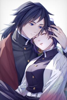 0_ebj 1boy 1girl belt black_hair black_jacket black_pants blue_eyes breasts butterfly_hair_ornament buttons closed_eyes closed_mouth demon_slayer_uniform gold_buttons hair_ornament haori high_collar highres jacket japanese_clothes kikkoumon kimetsu_no_yaiba kochou_shinobu large_breasts low_ponytail pants parted_lips ponytail print_haori purple_hair red_haori spiked_hair teeth tomioka_giyuu upper_teeth_only white_background white_belt white_haori