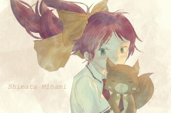 1girl 2021 animal animal_ears baka_to_test_to_shoukanjuu blush blush_stickers bow character_name collared_shirt commentary covering_own_mouth dated detached_collar english_text engrish engrish_text fox fox_ears fumizuki_academy_school_uniform gensou_getsumen_rt green_eyes hair_bow hair_ornament highres holding holding_animal necktie parted_bangs ranguage red_hair red_necktie school_uniform shimada_minami shirt short_hair short_sleeves solo tareme white_shirt yellow_bow