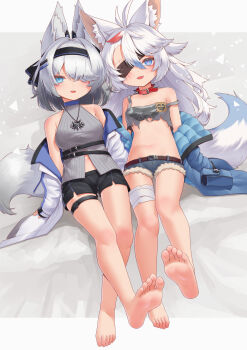2girls absurdres animal_ears barefoot blue_eyes chinese_commentary commentary_request eyepatch feet fox_ears fox_girl fox_tail highres karv large_variant_set multiple_girls original shorts soles tail toes variant_set white_hair